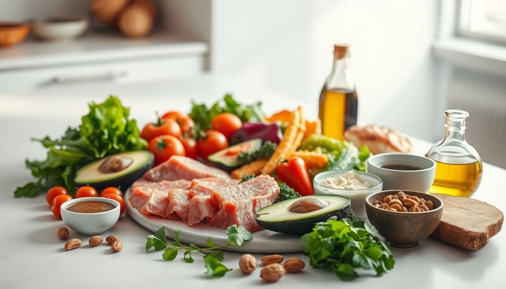 A low-carb diet concept with a scientific focus. A well-lit, high-contrast image showcasing a variety of nutritious low-carb foods on a clean, minimalist table setting. Fresh vegetables, lean proteins, and healthy fats such as avocado, nuts, and olive oil are prominently displayed. The lighting is soft and natural, creating a warm, inviting atmosphere. The angle is slightly elevated, giving a clean, professional look. The overall composition emphasizes the scientific principles behind the low-carb diet, highlighting its health benefits and nutritional value.