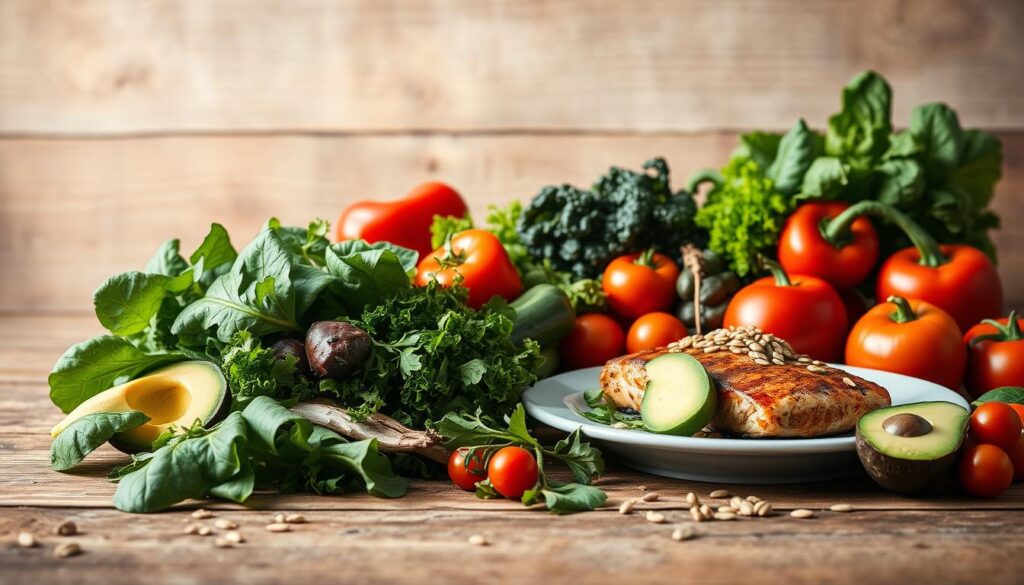 A vibrant still life capturing the key benefits of a low-carb diet. In the foreground, a selection of fresh, nutrient-dense vegetables - leafy greens, crisp peppers, and juicy tomatoes - arranged artfully against a rustic wooden background. In the middle ground, a plate showcasing a hearty, protein-rich meal, perhaps grilled salmon or a sizzling steak, accompanied by a side of avocado and a sprinkle of seeds. The background features a natural, earthy palette, with soft, diffused lighting casting a warm, inviting glow over the scene. The overall composition conveys a sense of balance, nourishment, and the vibrant health that a low-carb lifestyle can provide, beyond just weight loss.