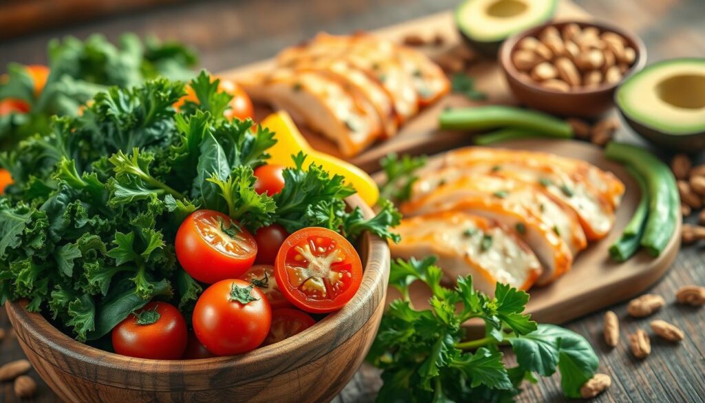 A vibrant still life showcasing the core elements of a low-carb diet. In the foreground, an array of fresh vegetables – crisp kale, juicy tomatoes, and crunchy bell peppers – arranged in a rustic wooden bowl. In the middle ground, slices of lean protein such as grilled chicken or salmon, complemented by a sprinkle of aromatic herbs. The background features a variety of low-carb snacks, including nuts, seeds, and a few slices of avocado, all bathed in warm, natural lighting that casts gentle shadows and highlights the textures of the ingredients. The overall composition evokes a sense of health, balance, and the nourishing simplicity of a low-carb lifestyle.